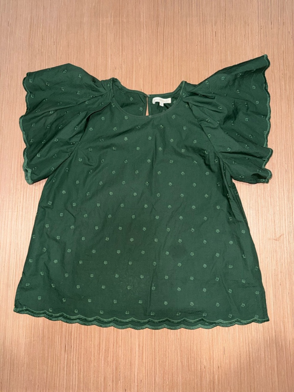 ANN MASHBURN Emerald Green Embroidered Flutter-Sleeve Blouse